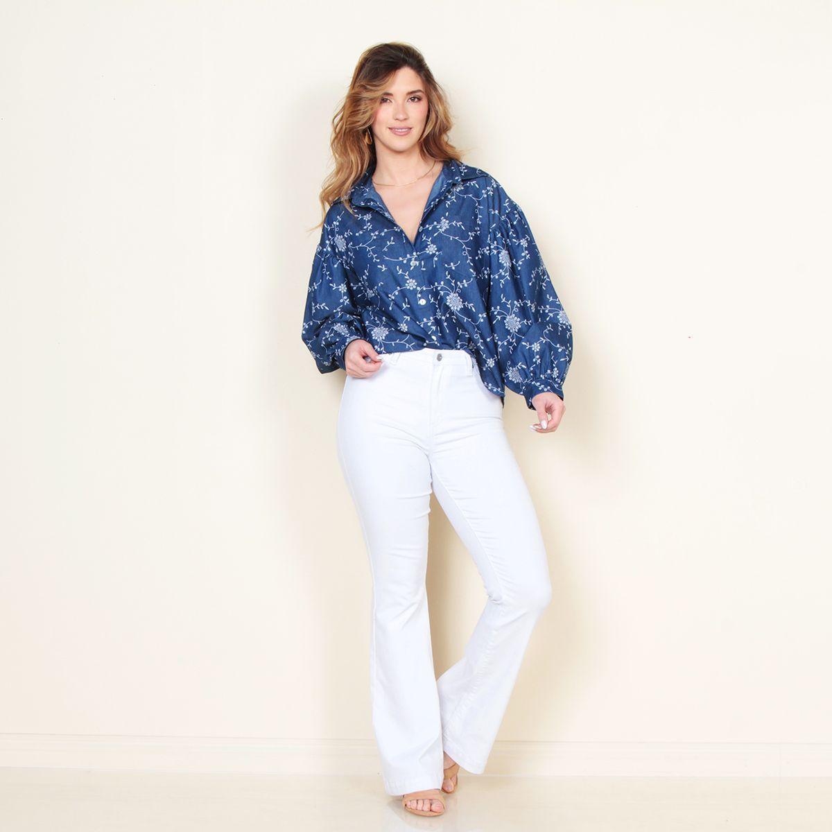 Blusa Manga Larga Denim Estampado Abotonada En Delantero-4