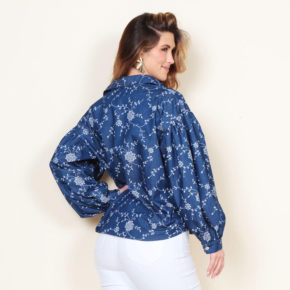 Blusa Manga Larga Denim Estampado Abotonada En Delantero-5