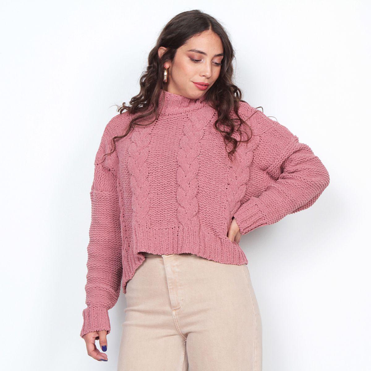 Sweater Solido Trenzado Manga Larga Escote Redondo-0