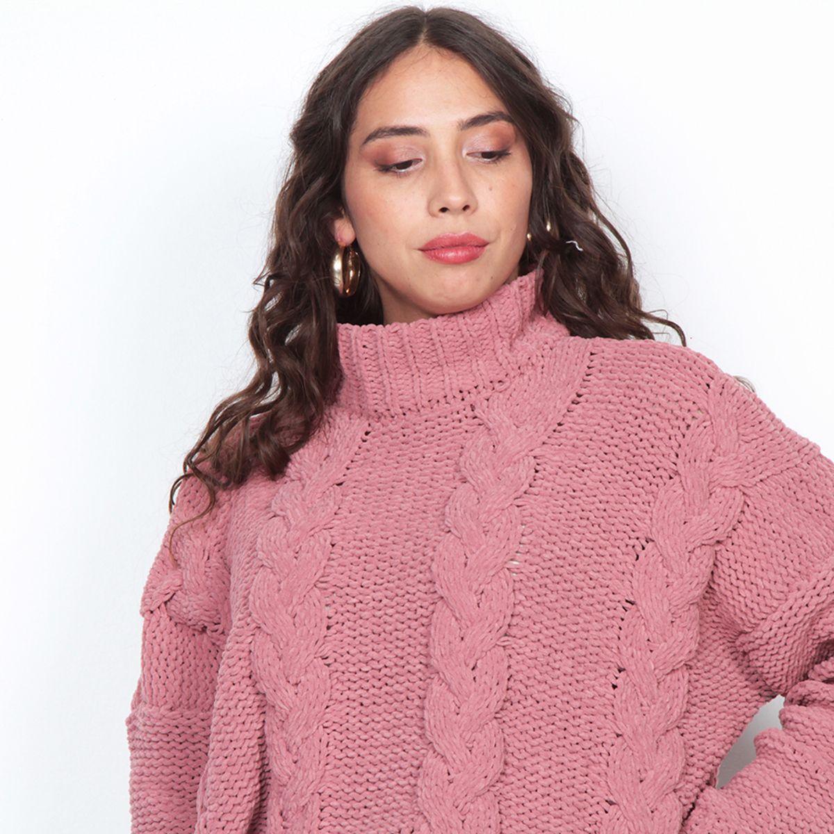 Sweater Solido Trenzado Manga Larga Escote Redondo-1