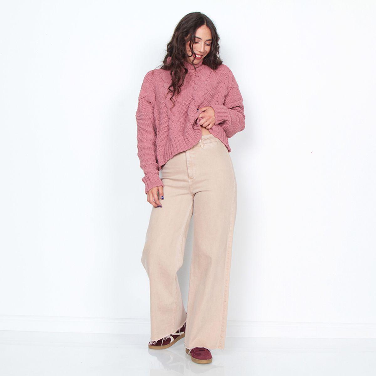 Sweater Solido Trenzado Manga Larga Escote Redondo-2
