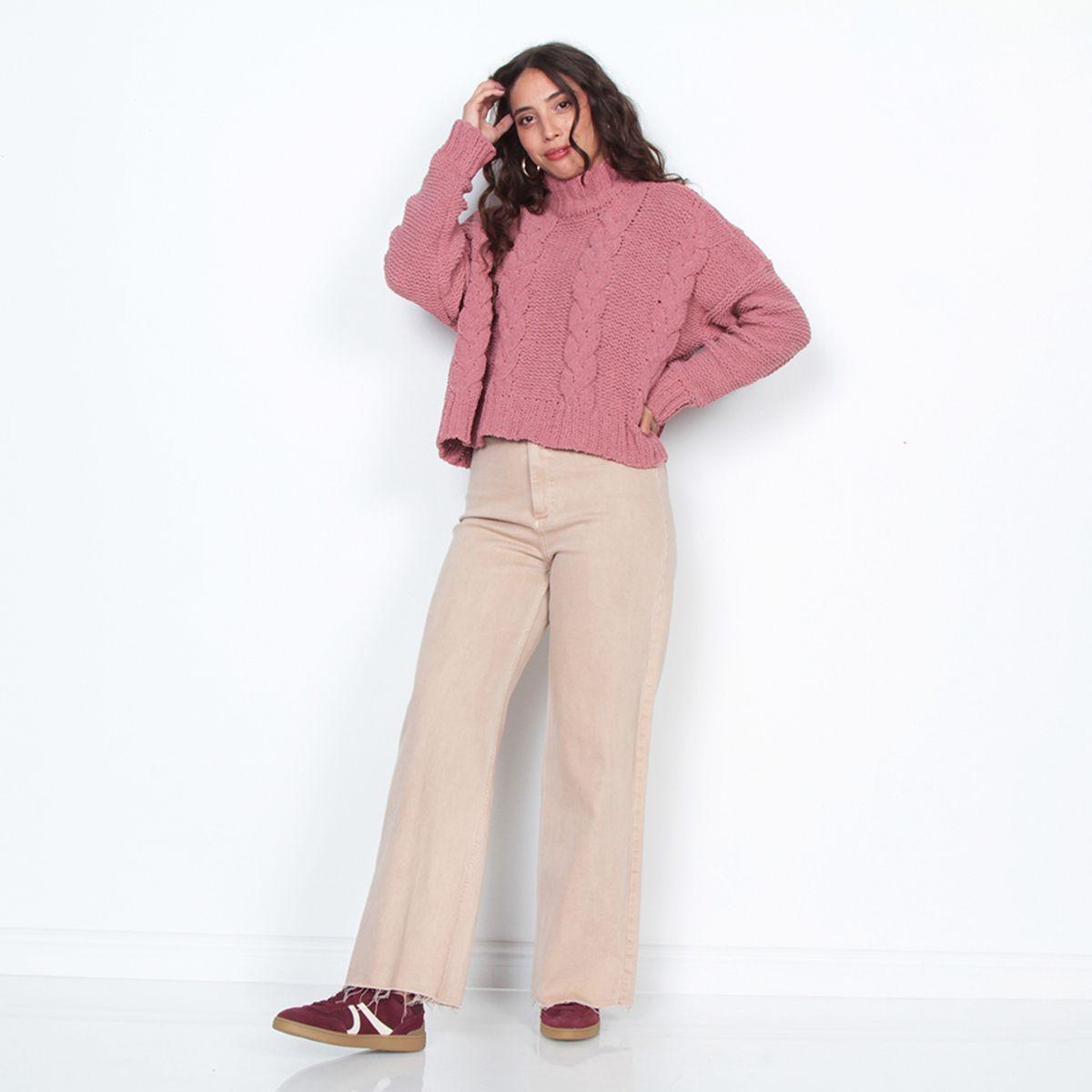 Sweater Solido Trenzado Manga Larga Escote Redondo-3