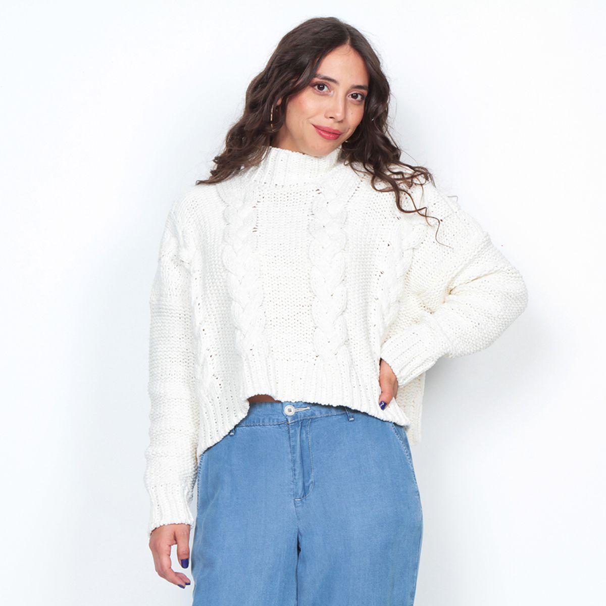 Sweater Solido Trenzado Manga Larga Escote Redondo-0