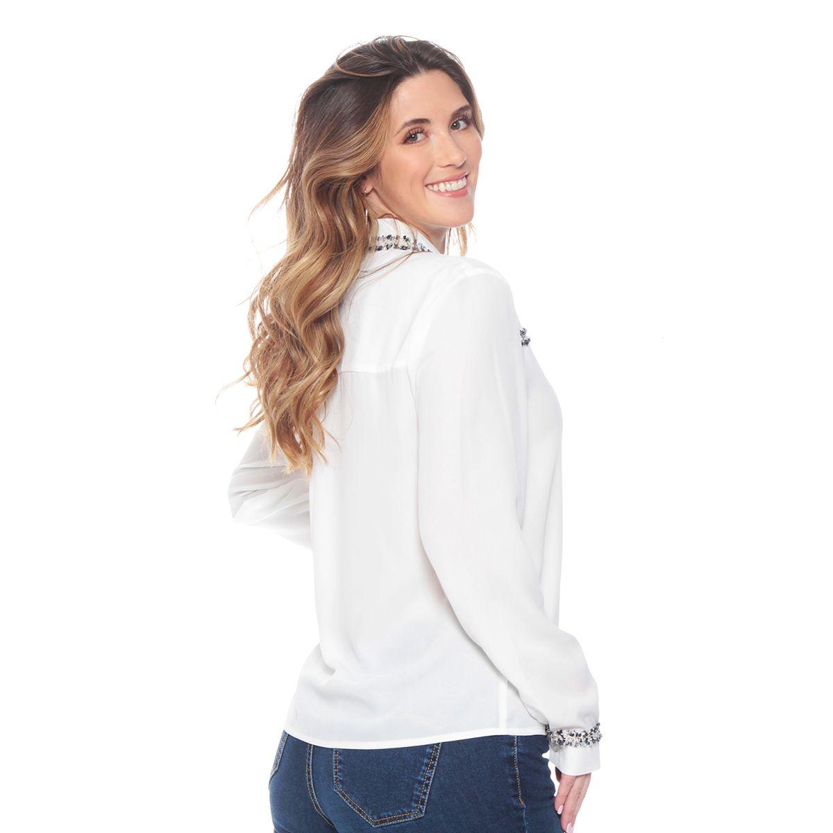 Blusa Manga Larga Solida  Con Aplicacion En Delantero Y Punos-5