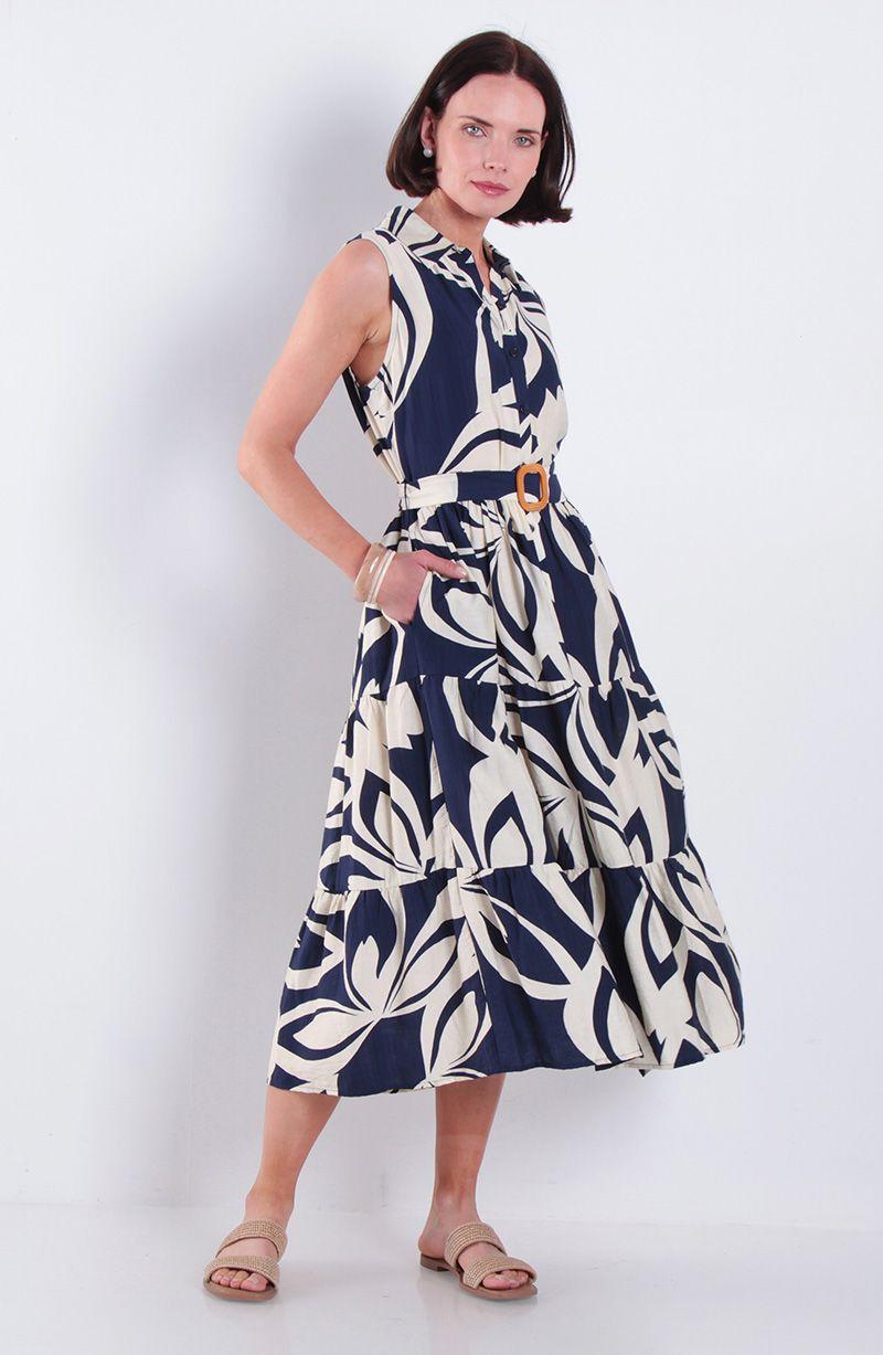 Vestido Estampado Sin Manga Abotonado En Delantero-1
