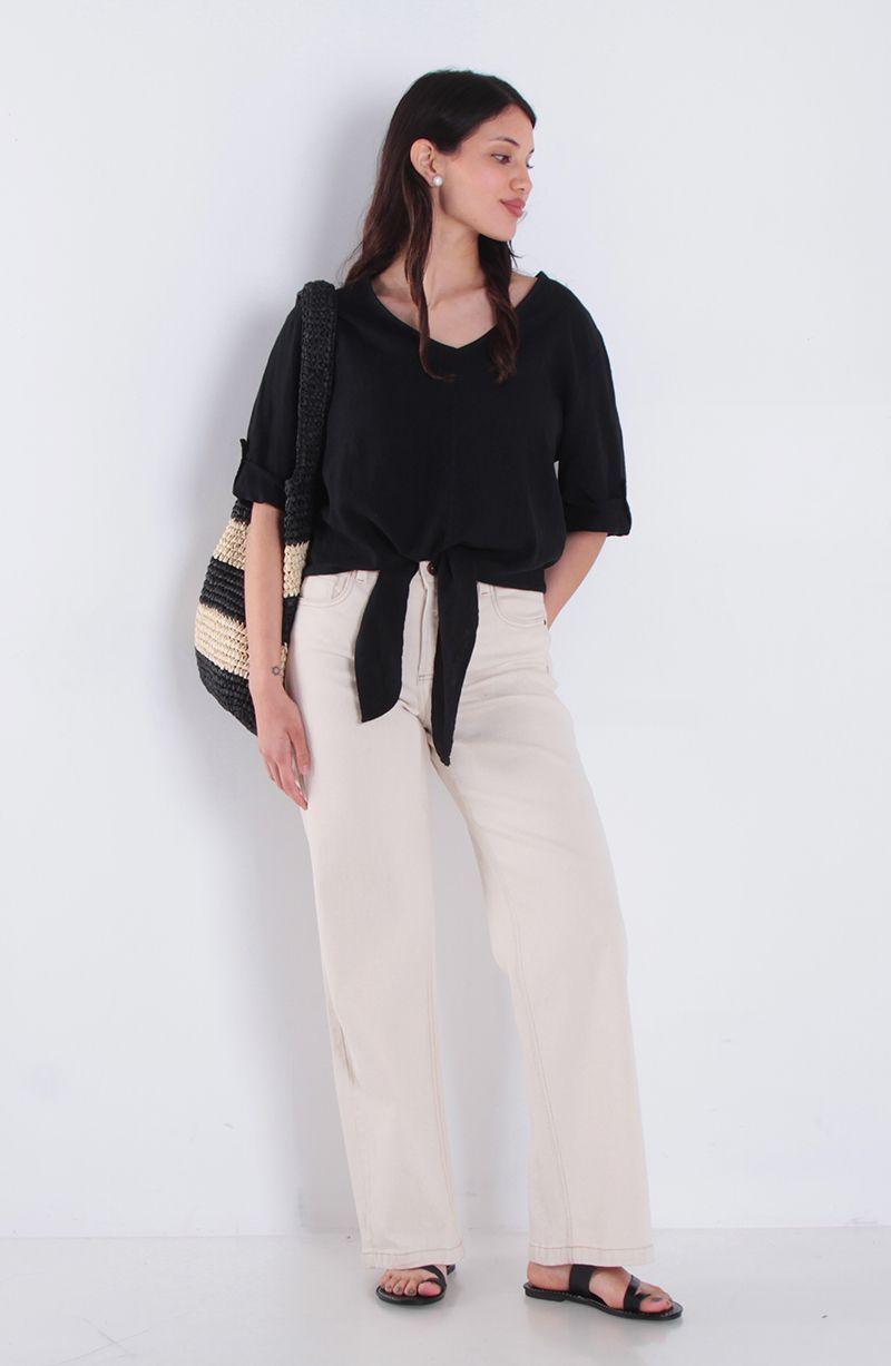 Blusa Lino Manga 3/4 Escote V Con Nudo En Ruedo-3