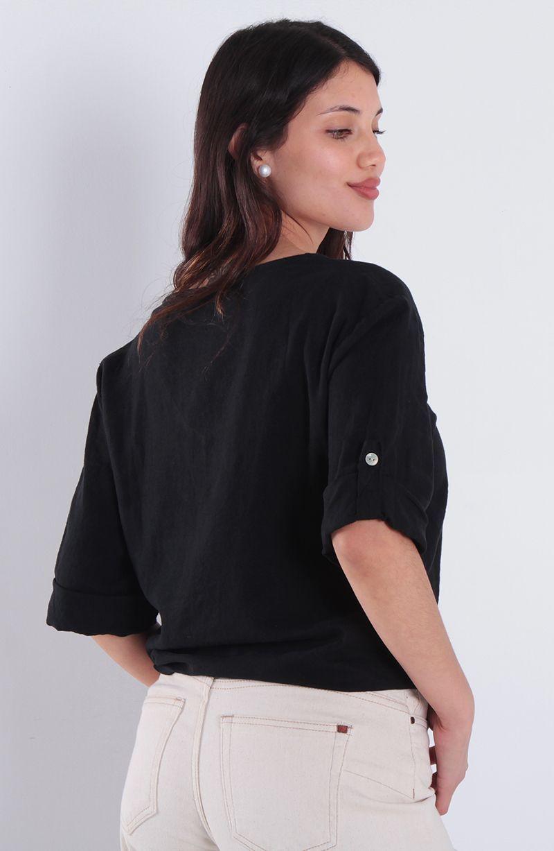Blusa Lino Manga 3/4 Escote V Con Nudo En Ruedo-4