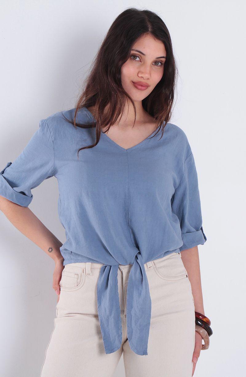 Blusa Lino Manga 3/4 Escote V Con Nudo En Ruedo-0