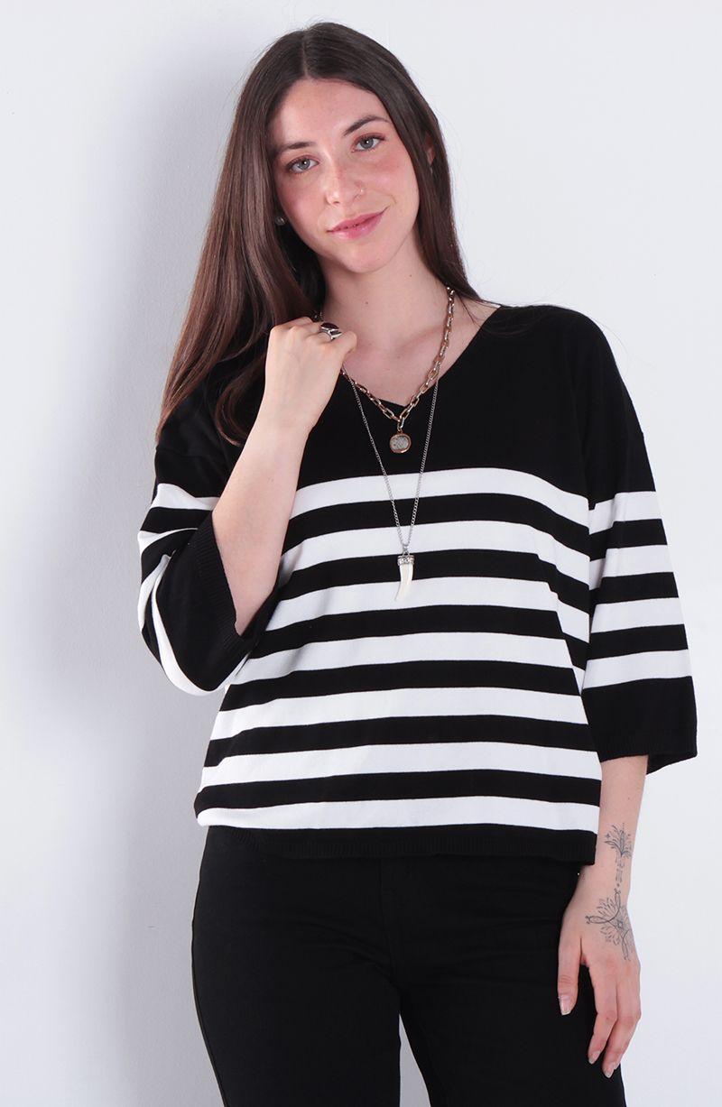 Sweater Manga Corta Listada Escote V-0