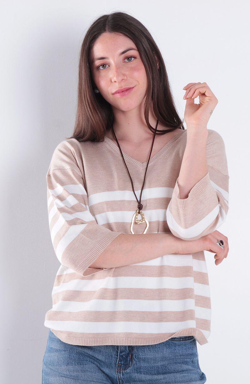 Sweater Manga Corta Listada Escote V-0