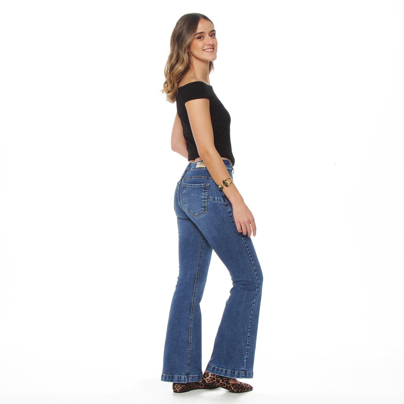 Jeans Flare Tiro Alto Pretina Basica 1 Boton Aplicacion Strass-3