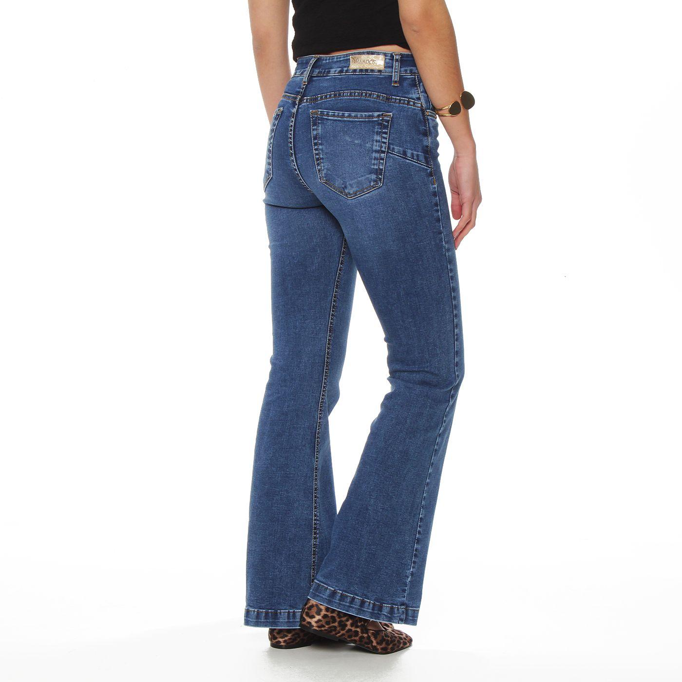 Jeans Flare Tiro Alto Pretina Basica 1 Boton Aplicacion Strass-4