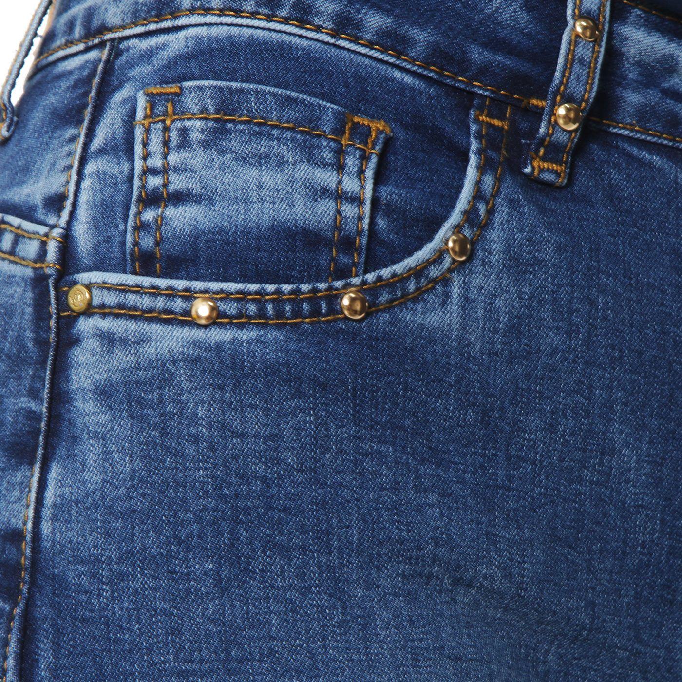 Jeans Flare Tiro Alto Pretina Basica 1 Boton Aplicacion Strass-5
