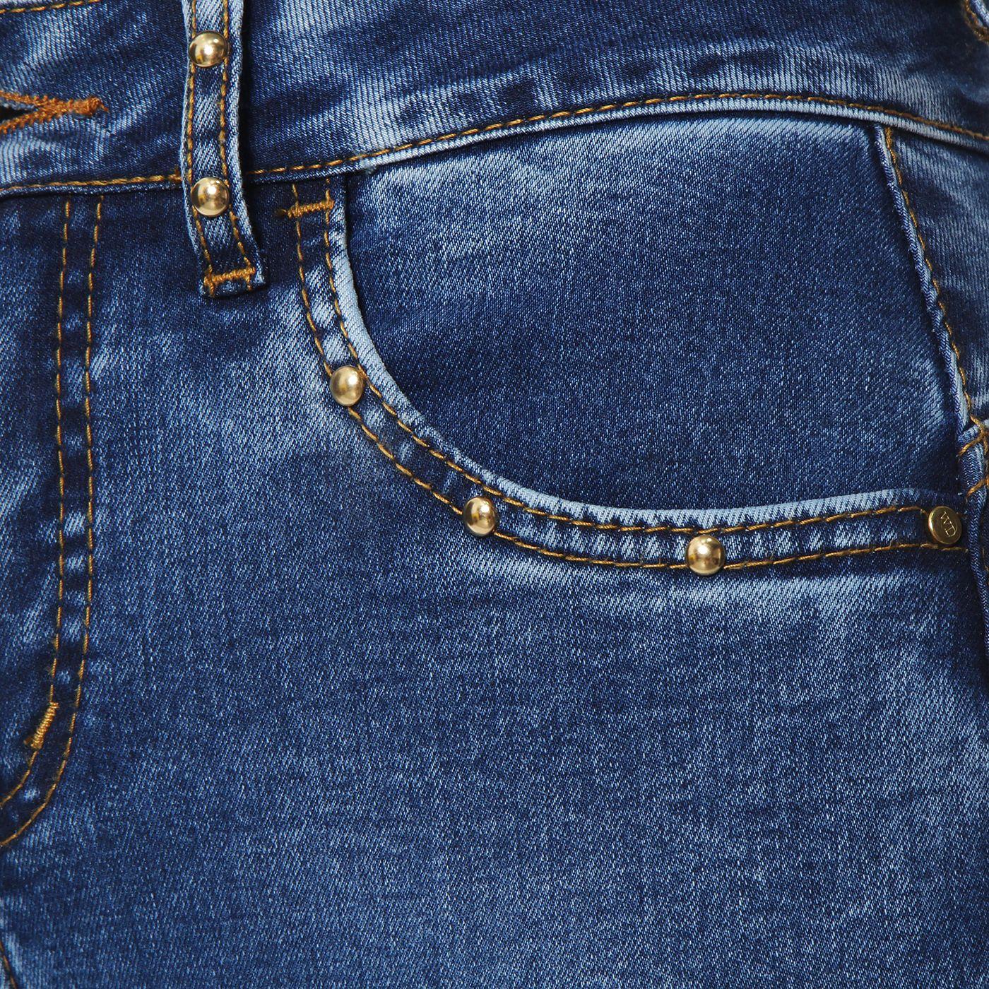 Jeans Flare Tiro Alto Pretina Basica 1 Boton Aplicacion Strass-7