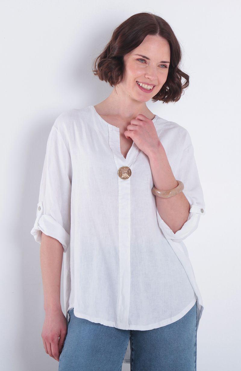 Blusa Lino Manga 3/4 Escote V Con 1 Boton-0