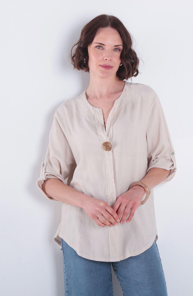 Blusa Lino Manga 3/4 Escote V Con 1 Boton-0