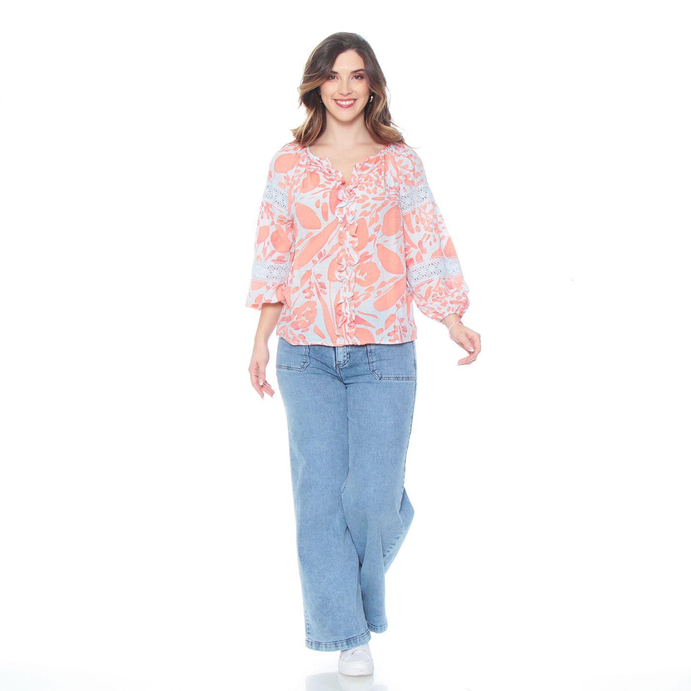 Blusa Manga Larga Estamapada Escote V Con Encaje En Mangas-2