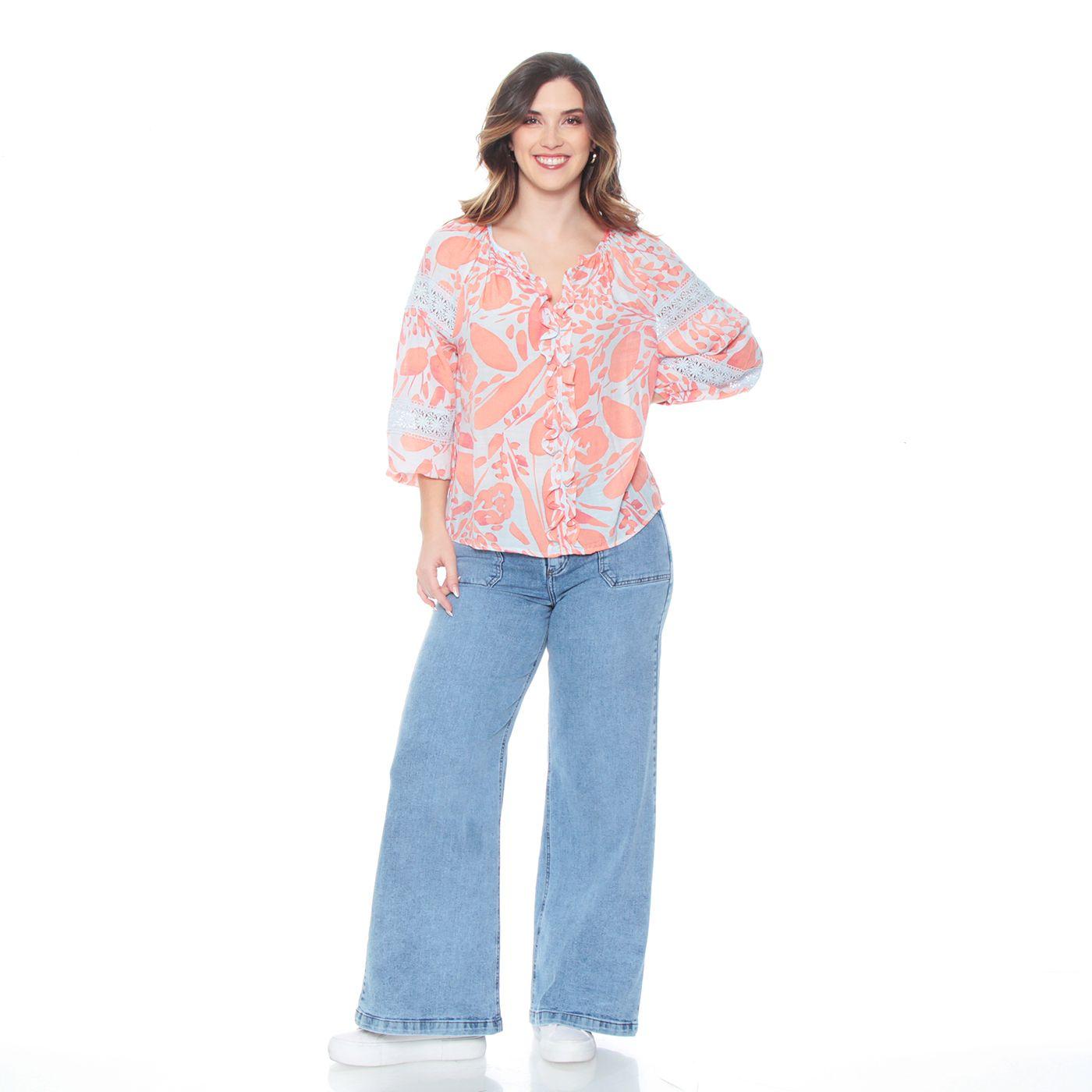 Blusa Manga Larga Estamapada Escote V Con Encaje En Mangas-3