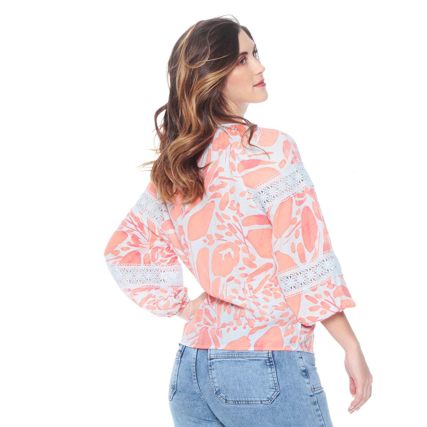 Blusa Manga Larga Estamapada Escote V Con Encaje En Mangas-6