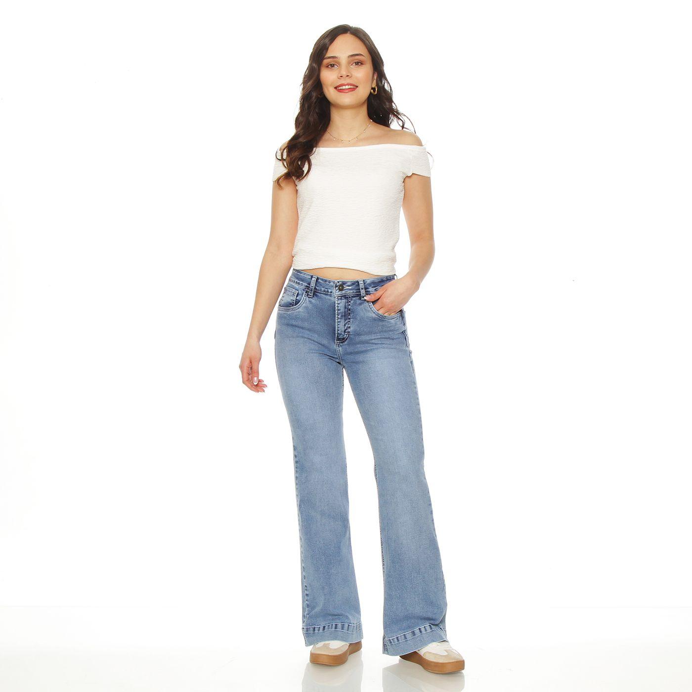 Jeans Flare Tiro Alto Bordado  Pretina Basica 1  Boton Push Up-3