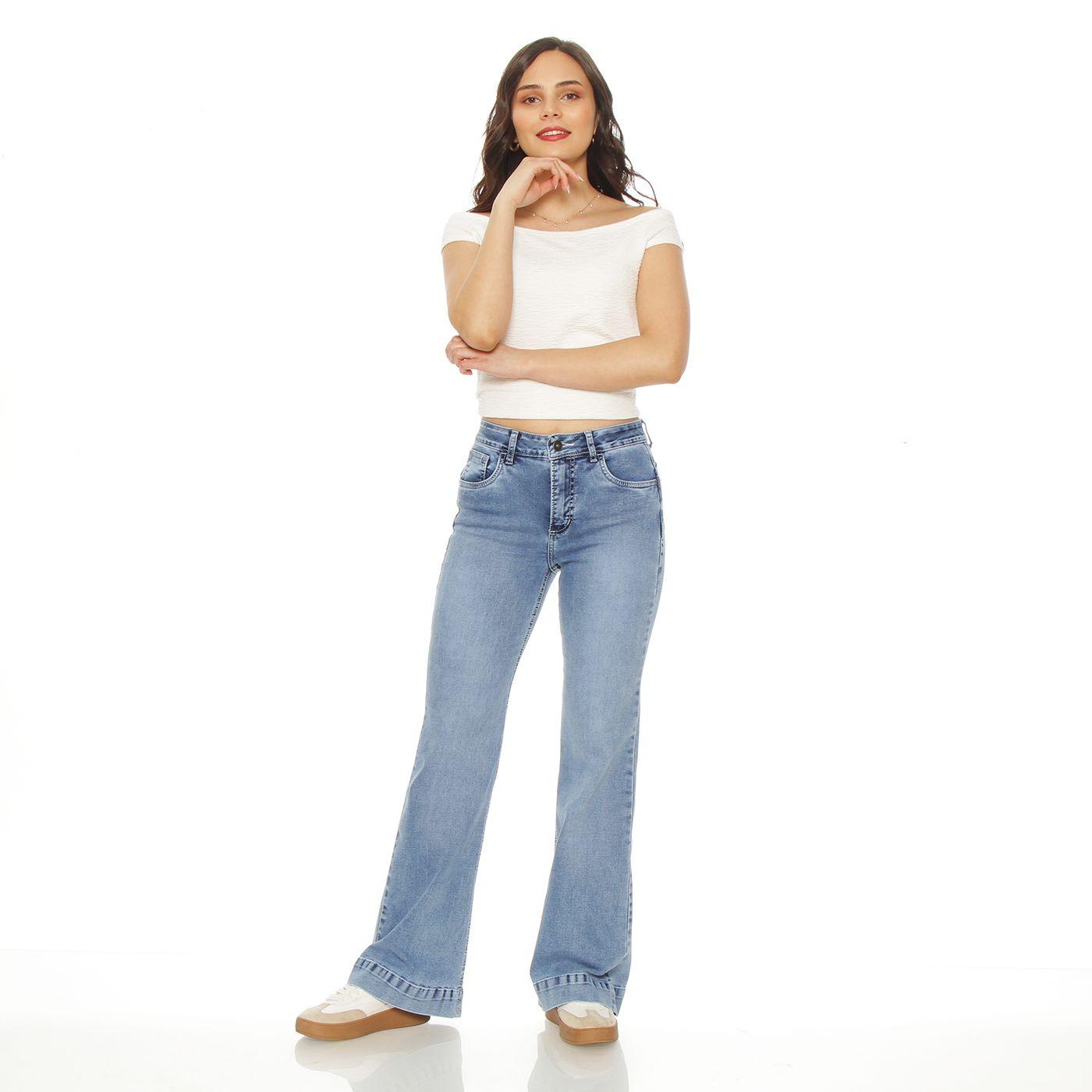 Jeans Flare Tiro Alto Bordado  Pretina Basica 1  Boton Push Up-4