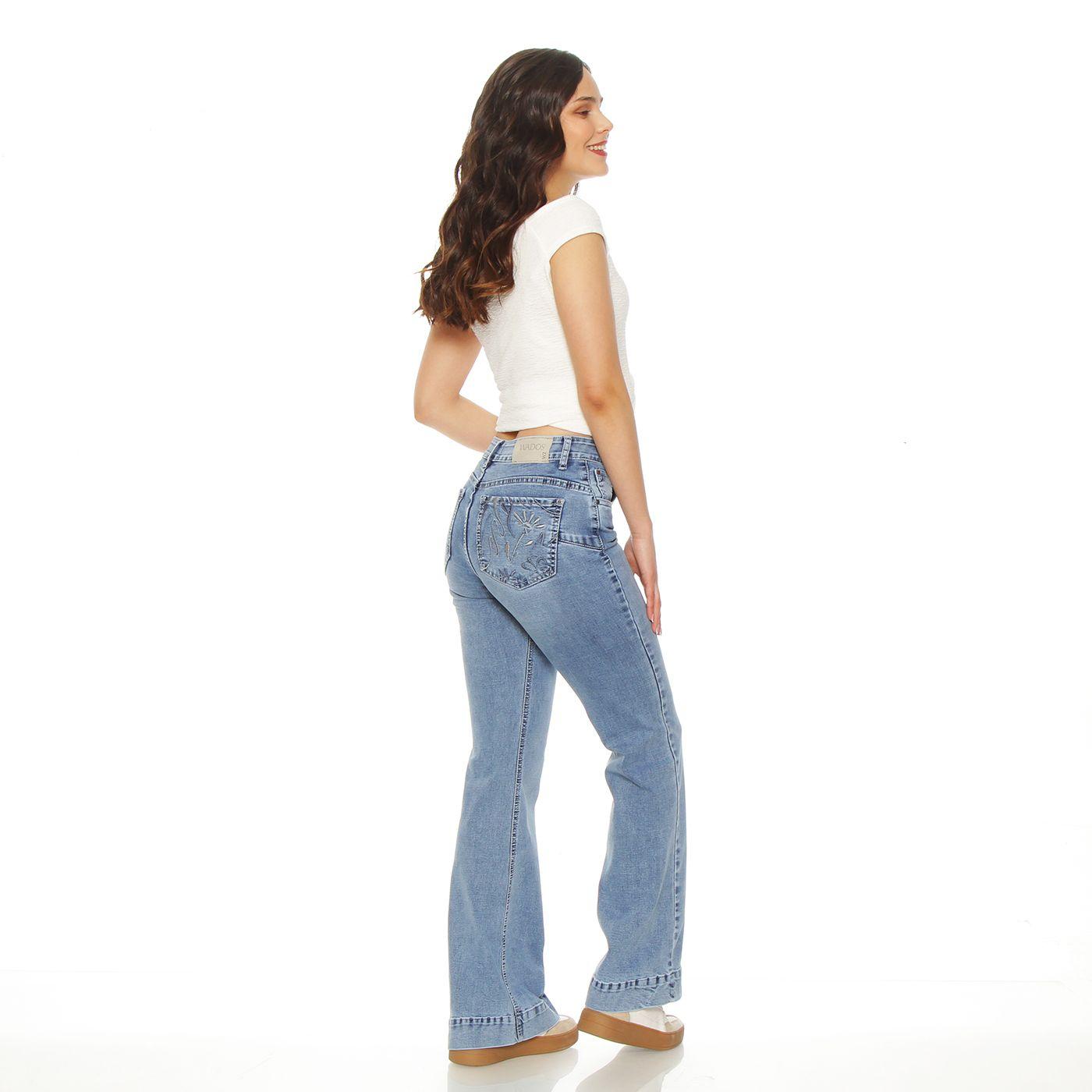 Jeans Flare Tiro Alto Bordado  Pretina Basica 1  Boton Push Up-6