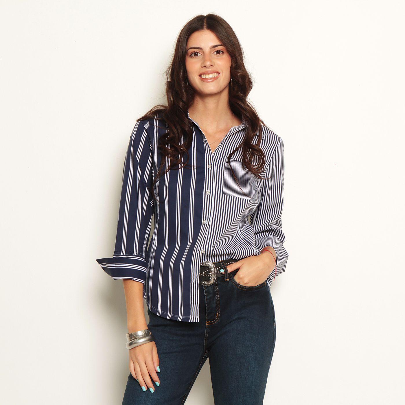 Blusa Manga 3/4 Listada Con Bolsillo Abotonada En Delantero-0