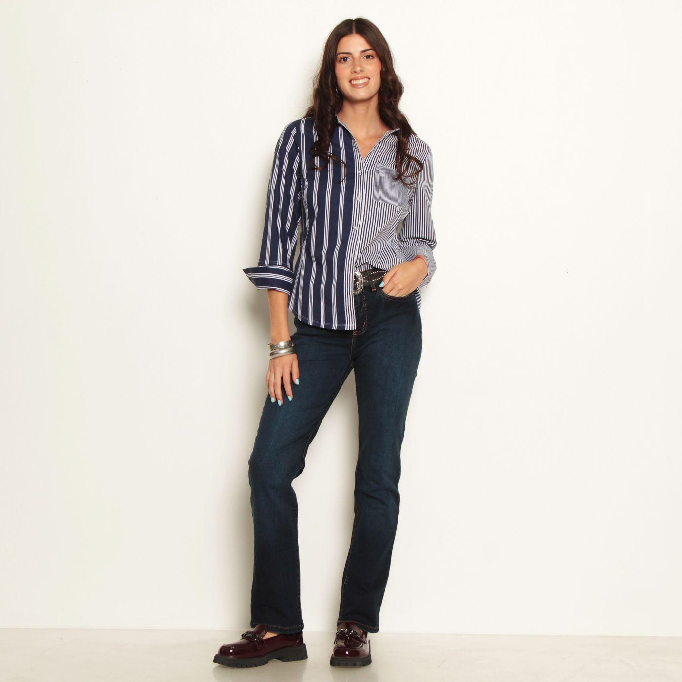 Blusa Manga 3/4 Listada Con Bolsillo Abotonada En Delantero-3