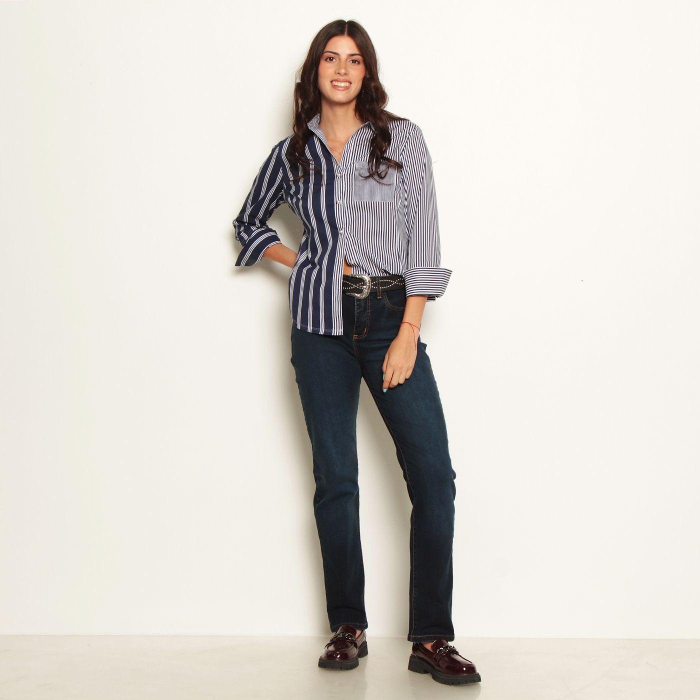 Blusa Manga 3/4 Listada Con Bolsillo Abotonada En Delantero-4