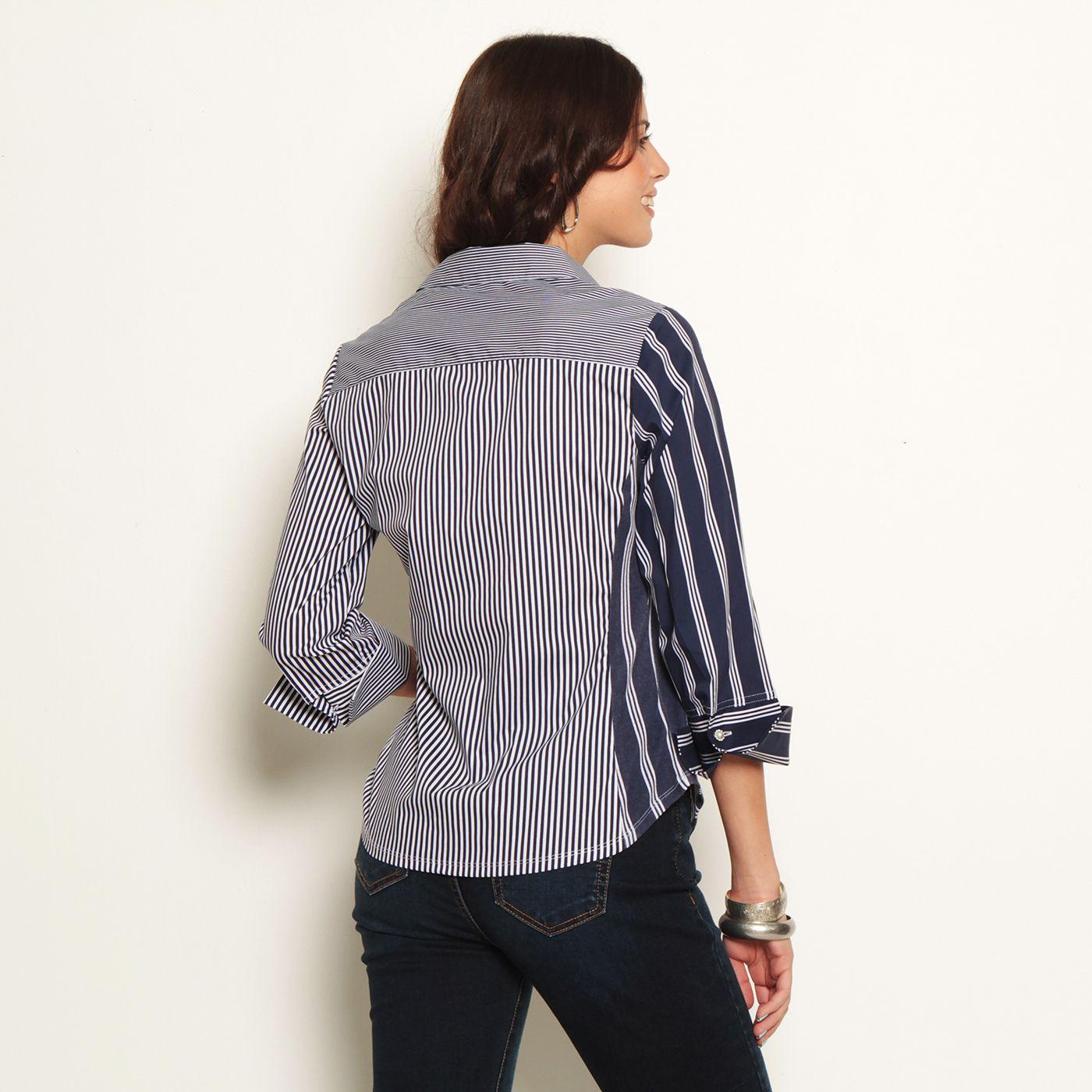 Blusa Manga 3/4 Listada Con Bolsillo Abotonada En Delantero-5