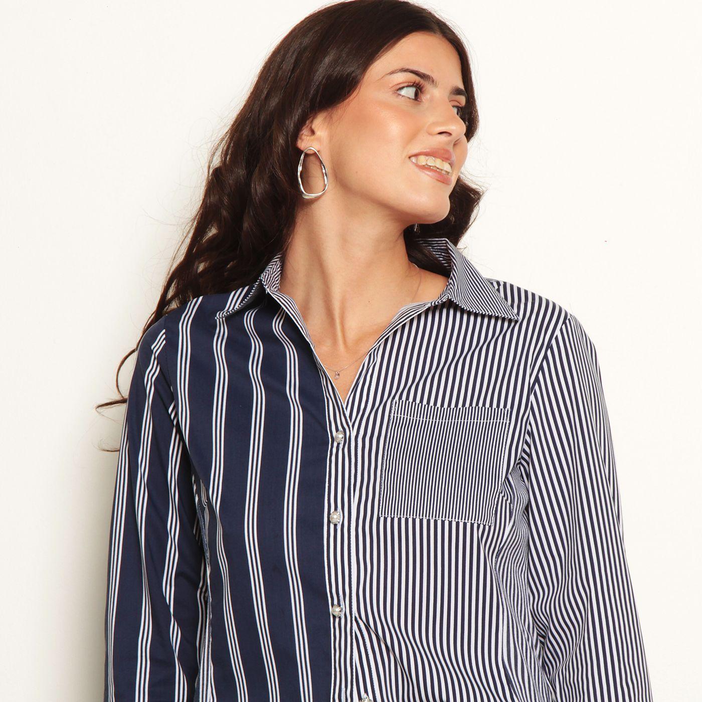 Blusa Manga 3/4 Listada Con Bolsillo Abotonada En Delantero-6