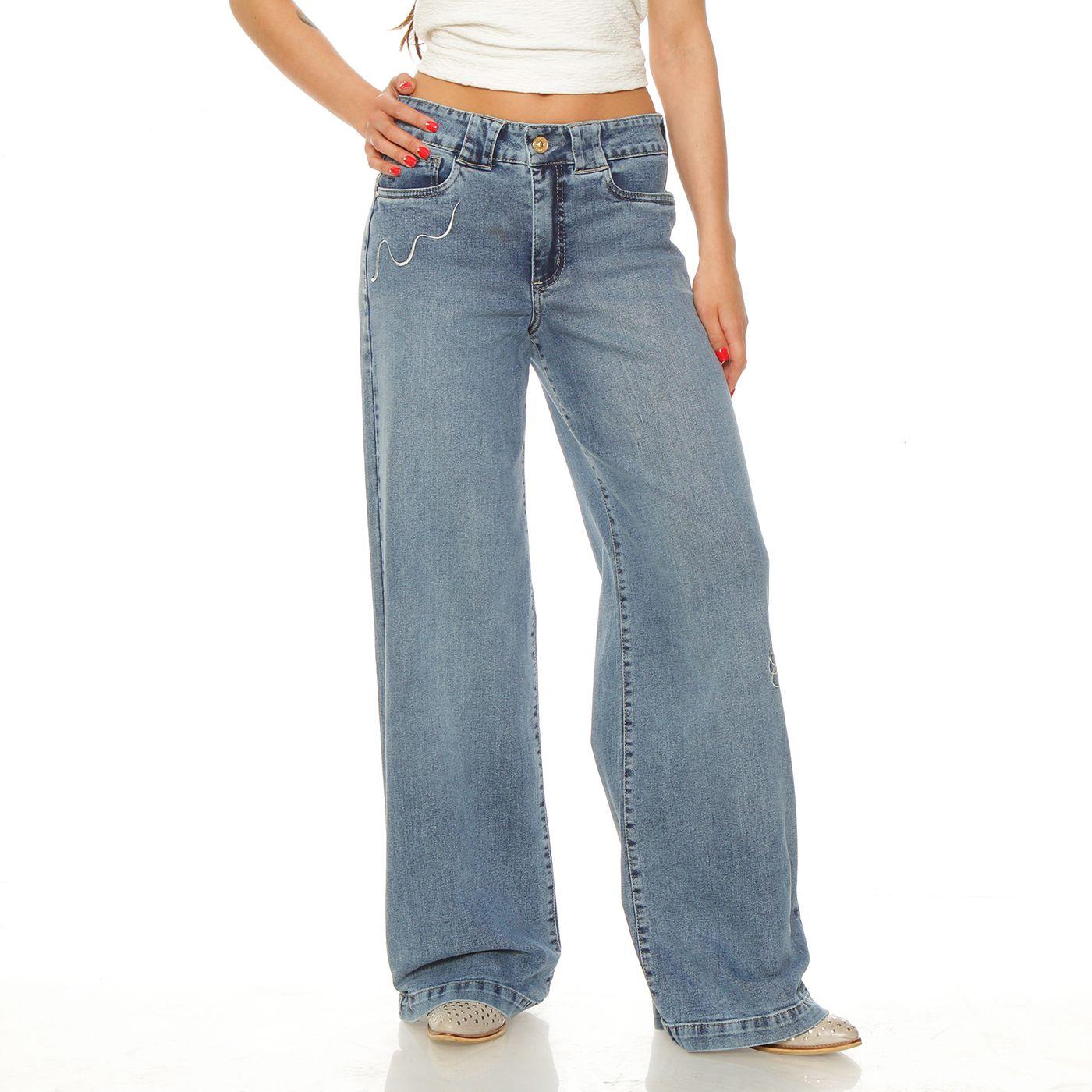 Jeans Wide Leg Tiro Alto Pretina Basica  1 Boton Bordado-0