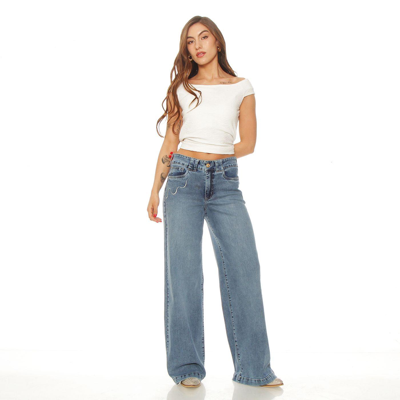 Jeans Wide Leg Tiro Alto Pretina Basica  1 Boton Bordado-2