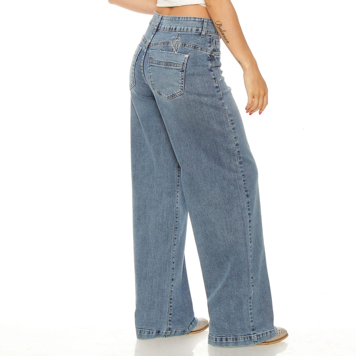Jeans Wide Leg Tiro Alto Pretina Basica  1 Boton Bordado-3