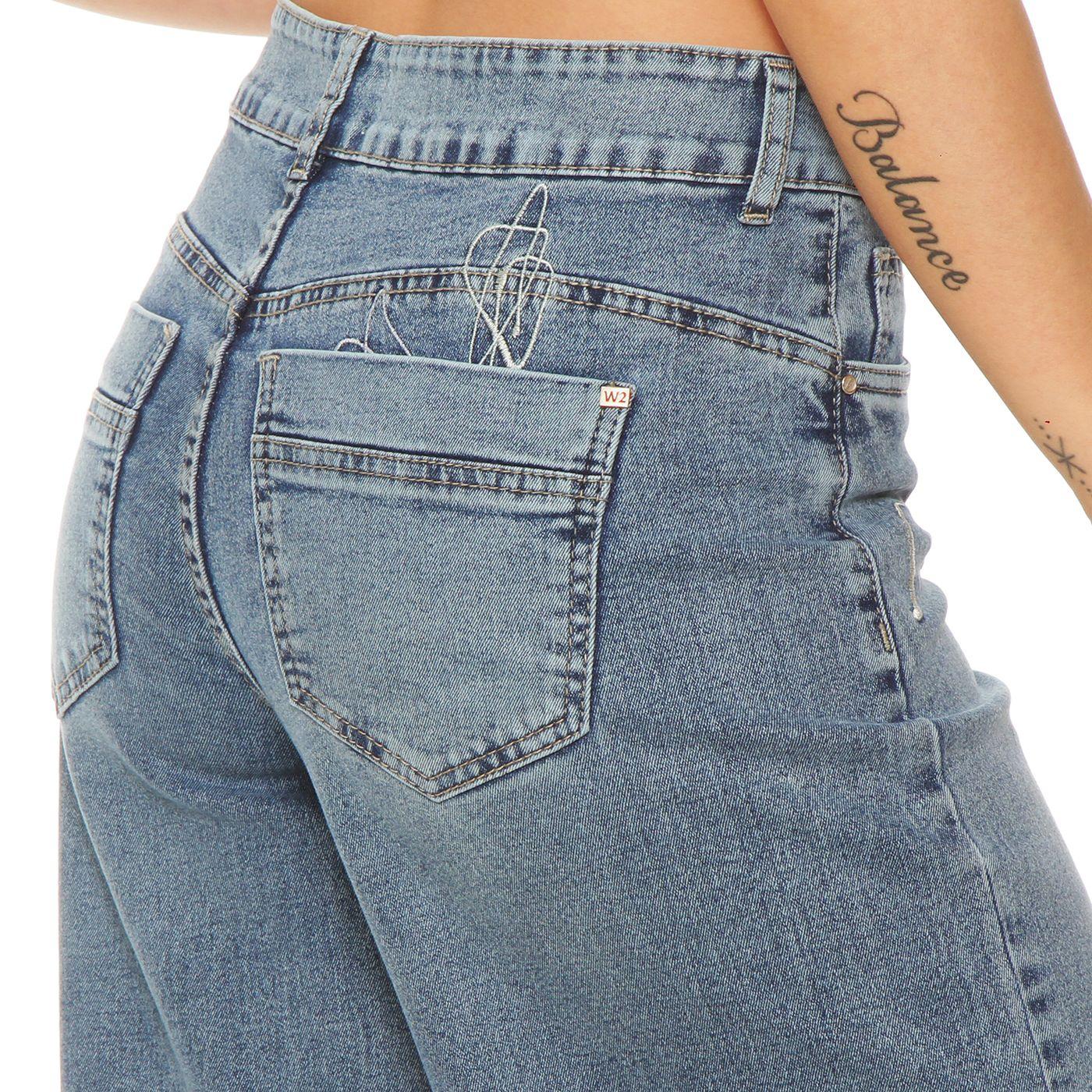 Jeans Wide Leg Tiro Alto Pretina Basica  1 Boton Bordado-5