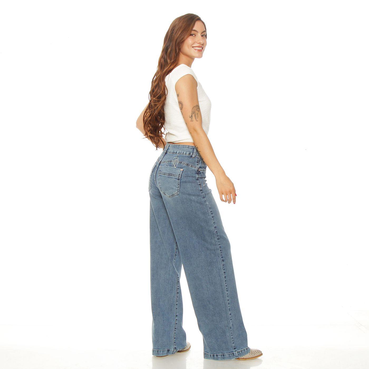 Jeans Wide Leg Tiro Alto Pretina Basica  1 Boton Bordado-8