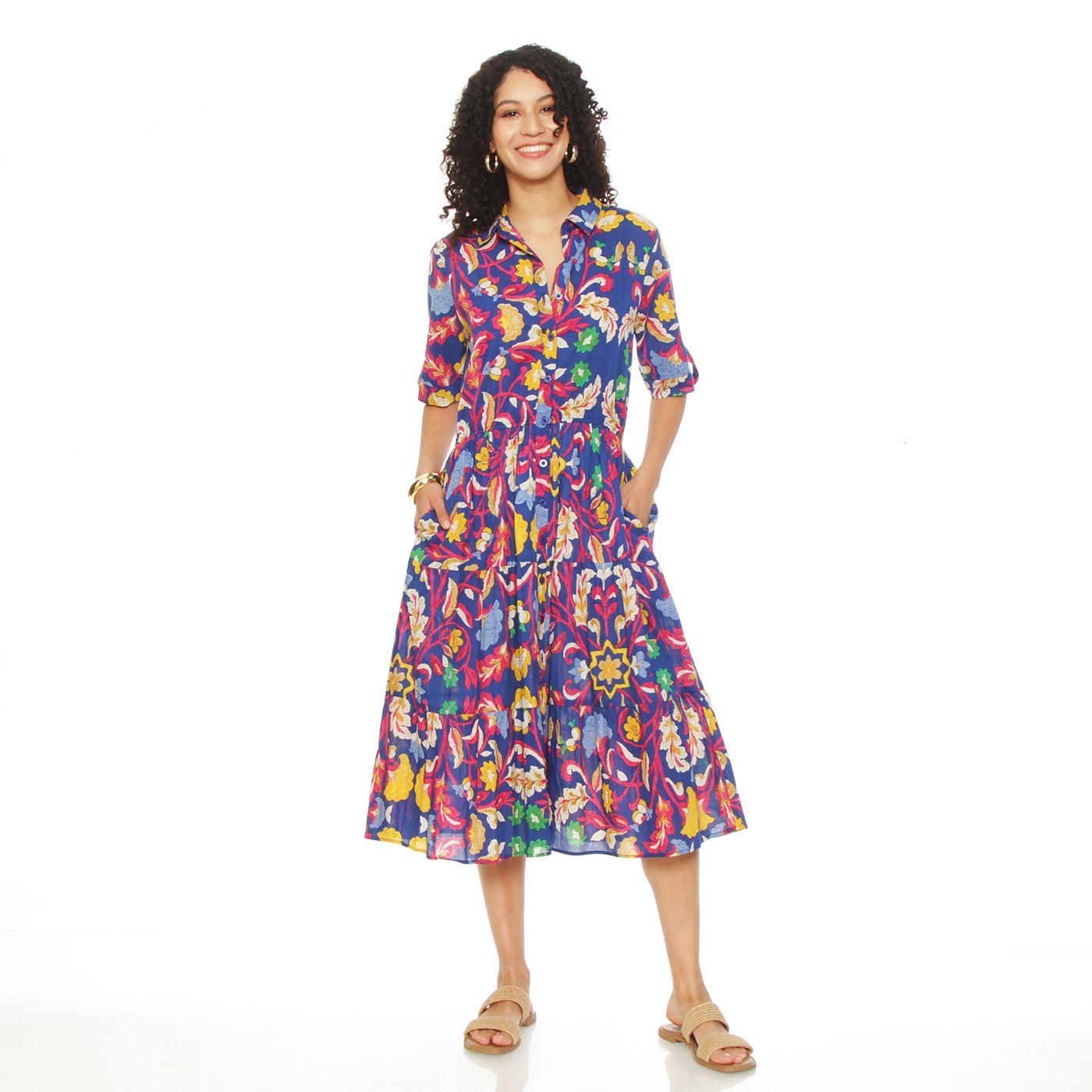 Vestido Estampado Manga Corta Abotonado En Delantero-4