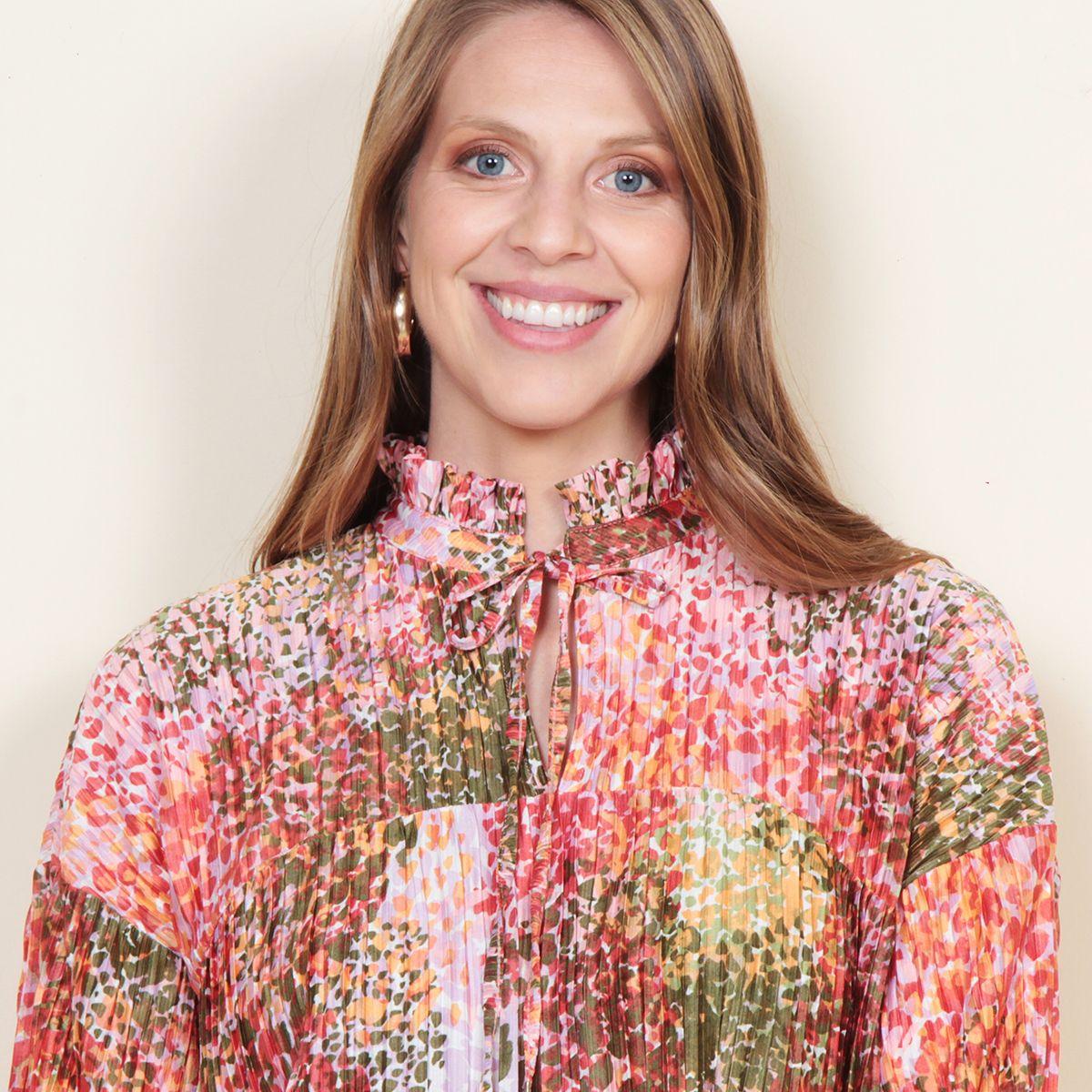 Blusa Plisada Estampada Manga Larga Con Lazo En Escote-1