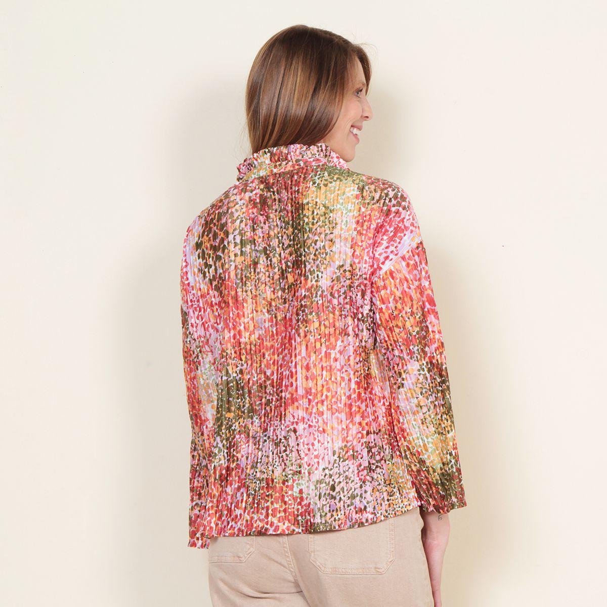 Blusa Plisada Estampada Manga Larga Con Lazo En Escote-4