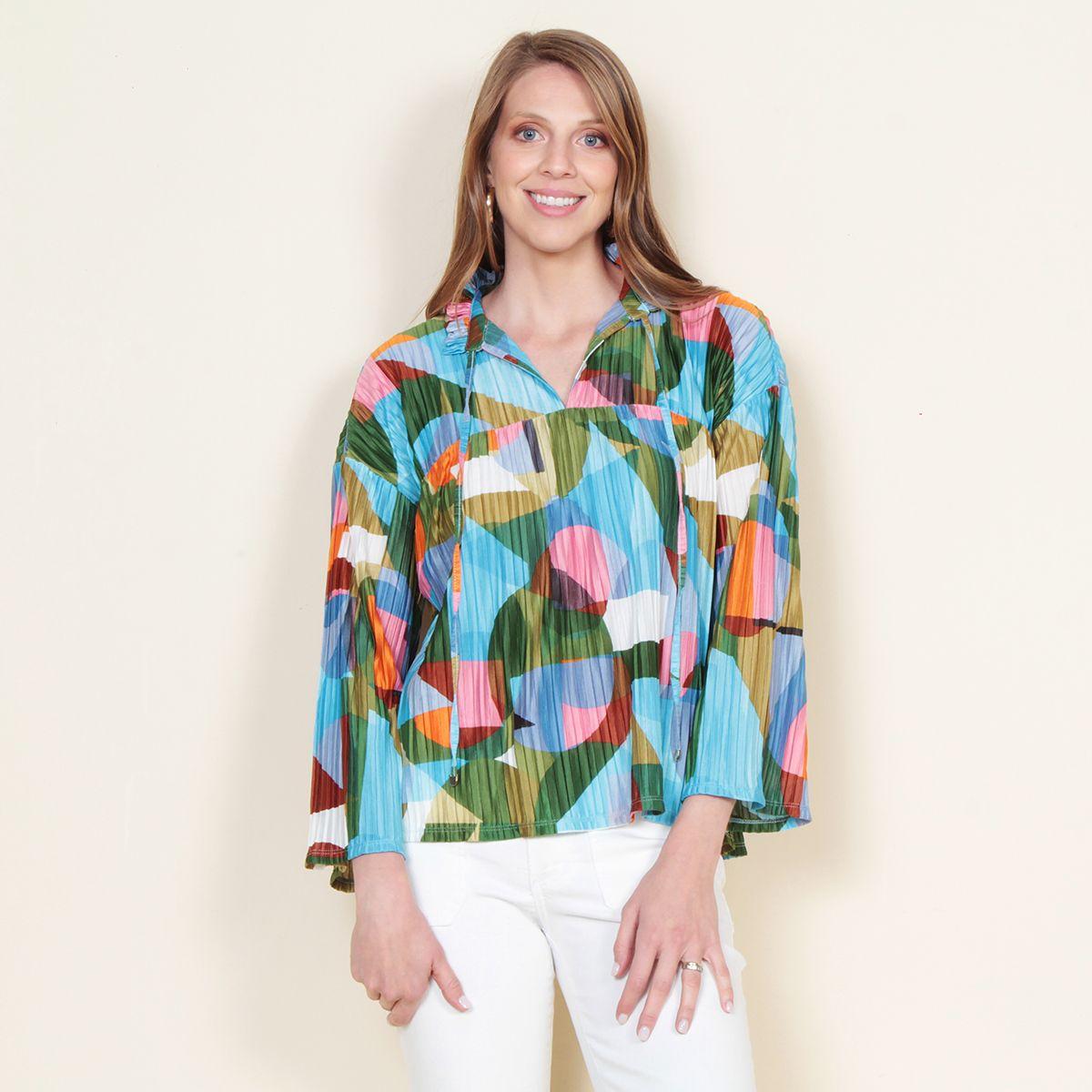 Blusa Plisada Estampada Manga Larga Con Lazo En Escote-0