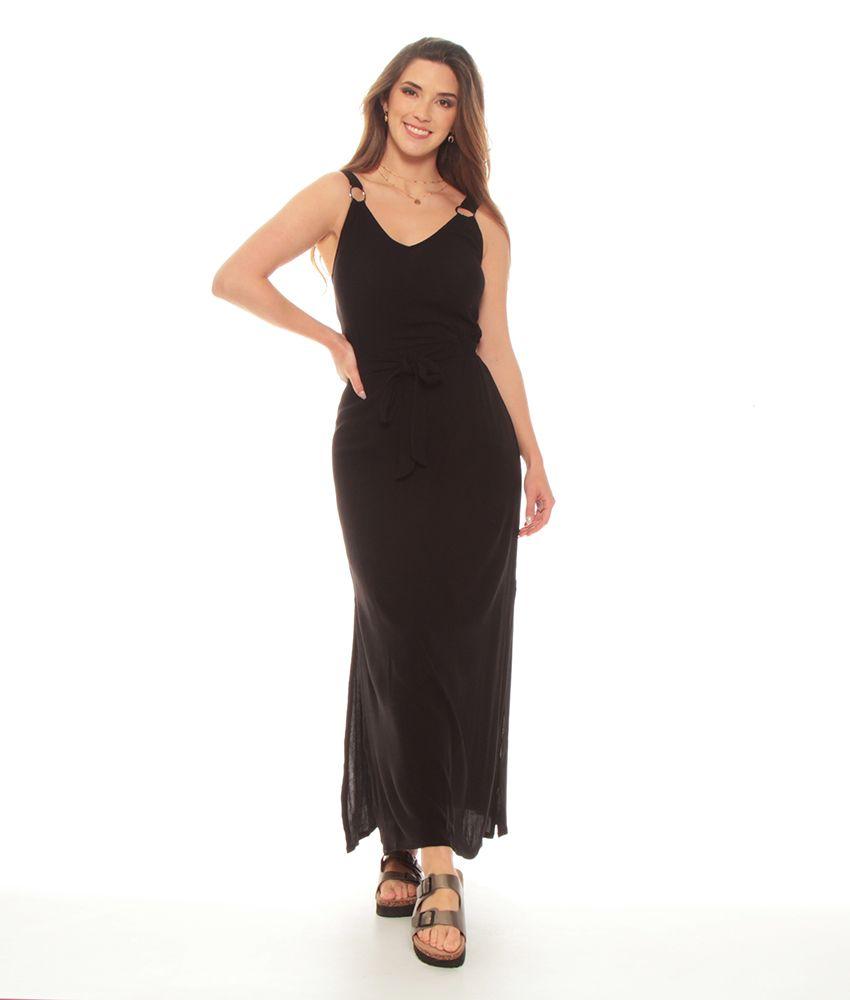 Vestido Solido Sin Manga Con Lazo En Cintura-0