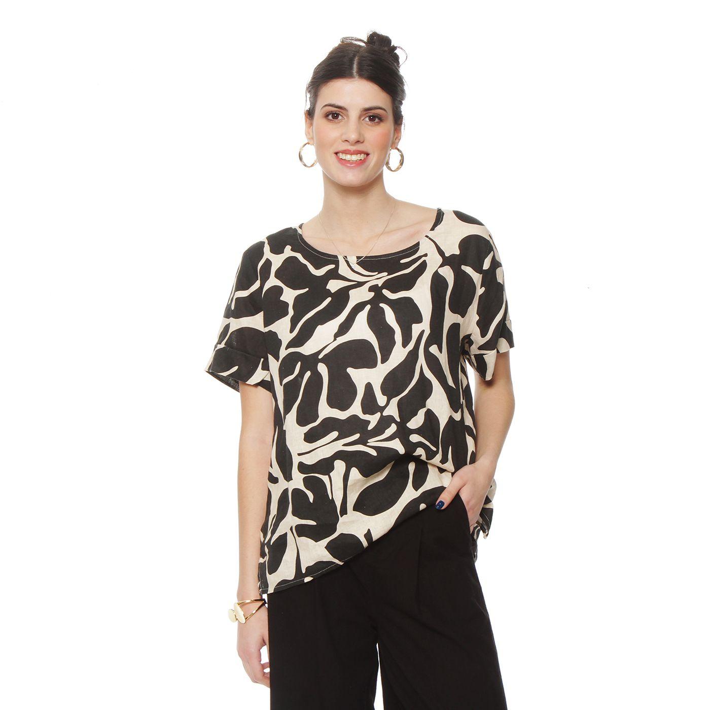Blusa Manga Corta Lino Estampado Escote Redondo-2