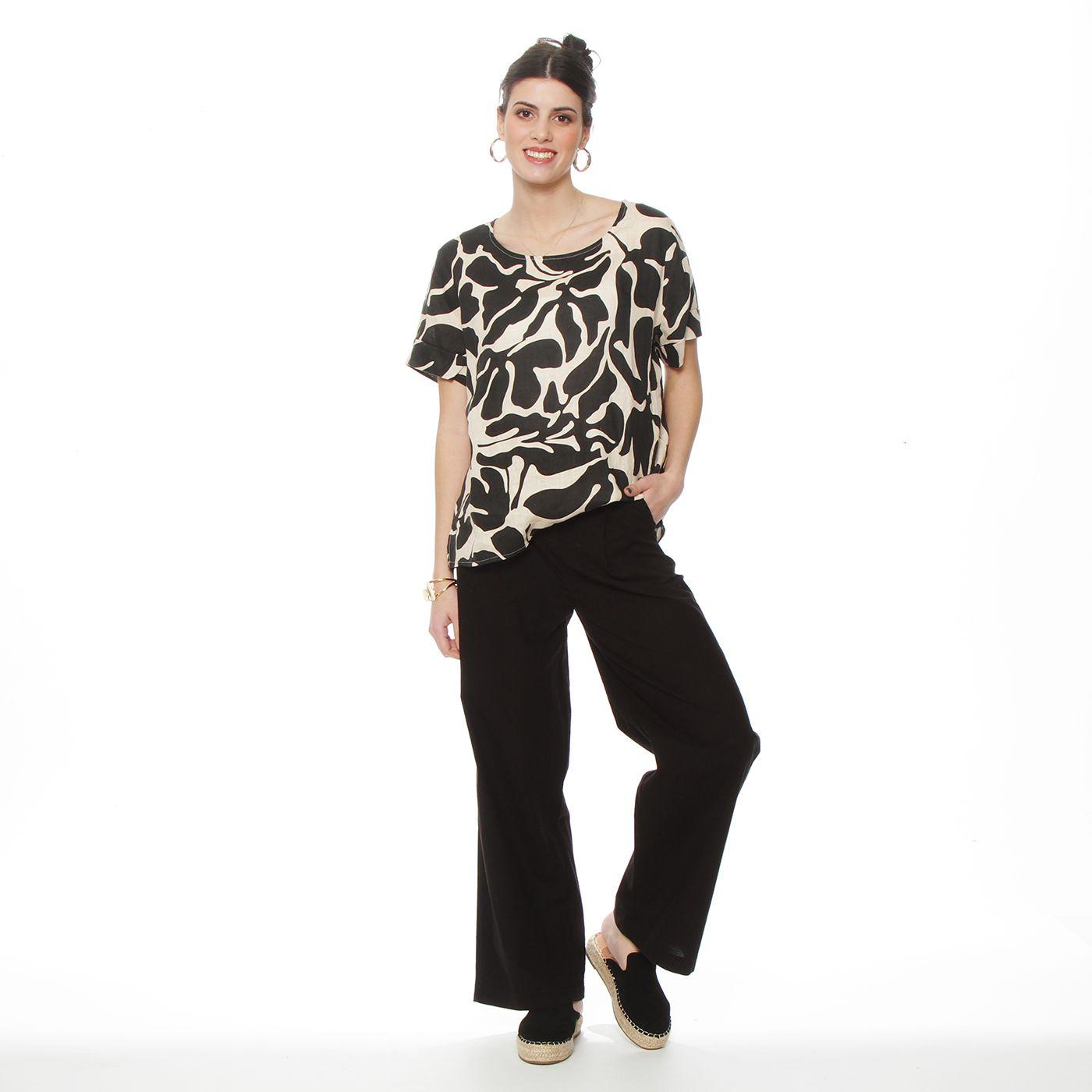 Blusa Manga Corta Lino Estampado Escote Redondo-5