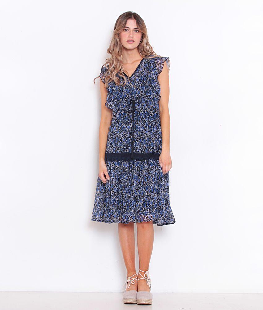 Vestido Estampado Manga Corta Con Volantes-0