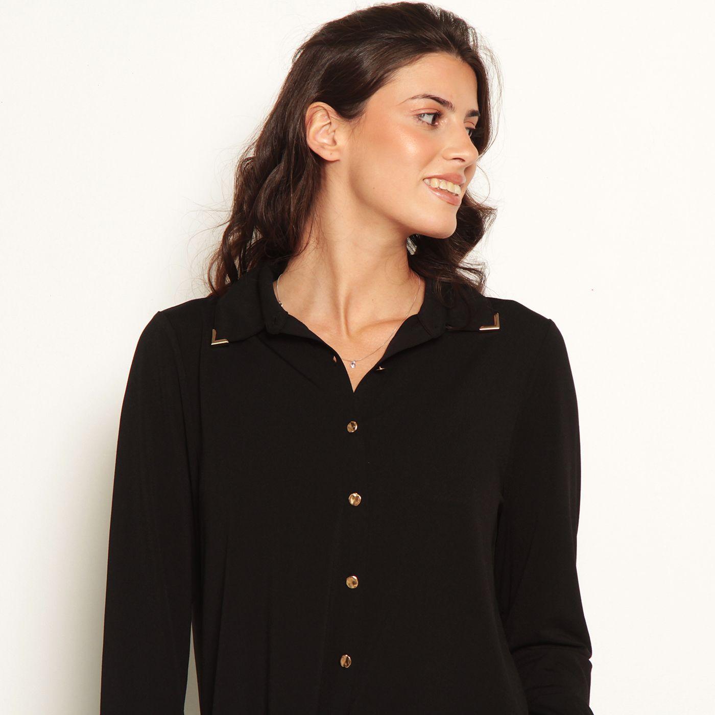 Blusa Manga Larga Abotonada En Delantero Y Aplicacion En Punta Cuello-1