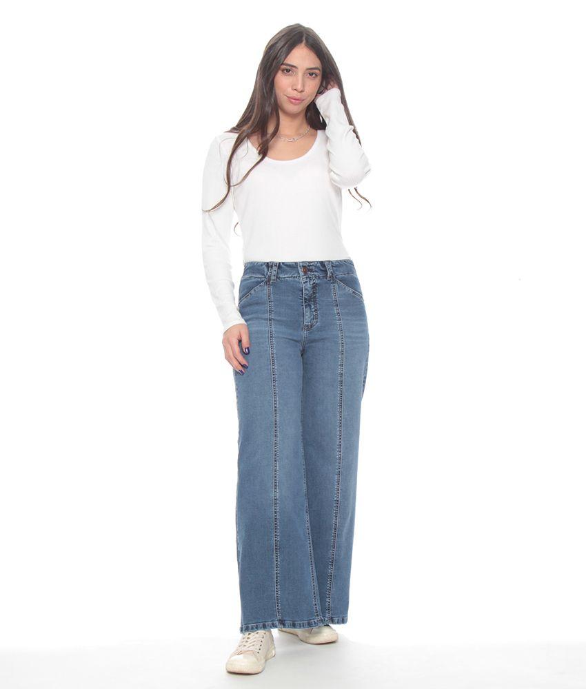 Jeans Wide Leg Tiro Alto Pretina Interna Un Boton Bolsillo Vivo-2