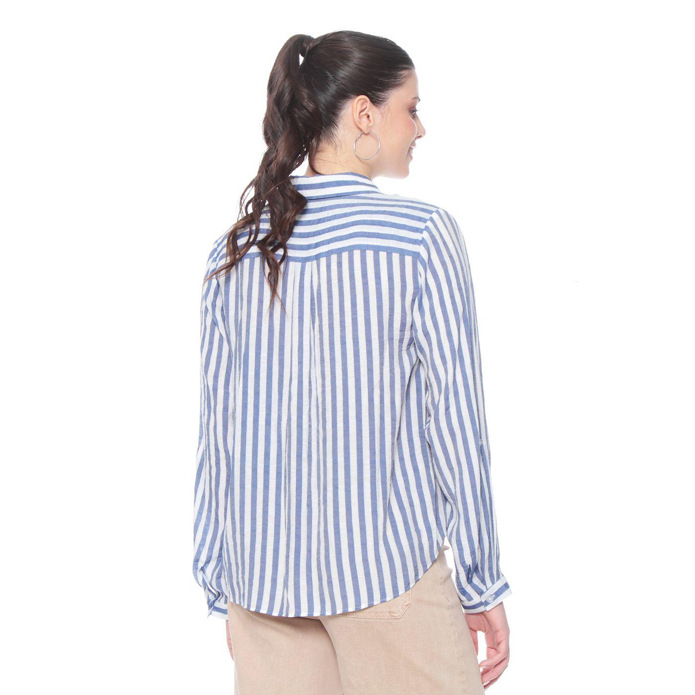 Blusa Manga Larga Listada Abotonada En Delantero Y Nudo En Ruedo-5
