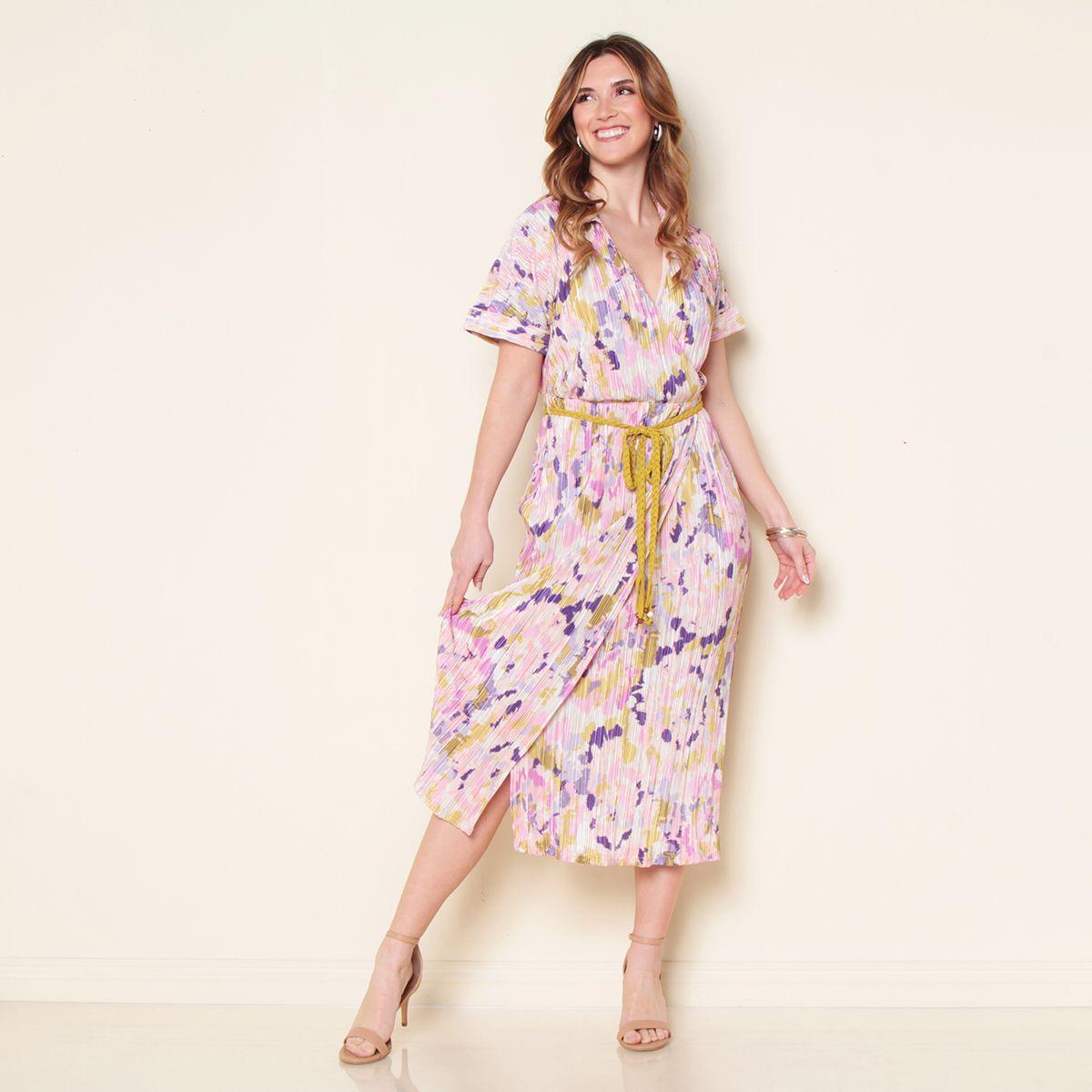 Vestido Plisado Manga Corta Estampado Escote V Con Lazo En Cintura-3