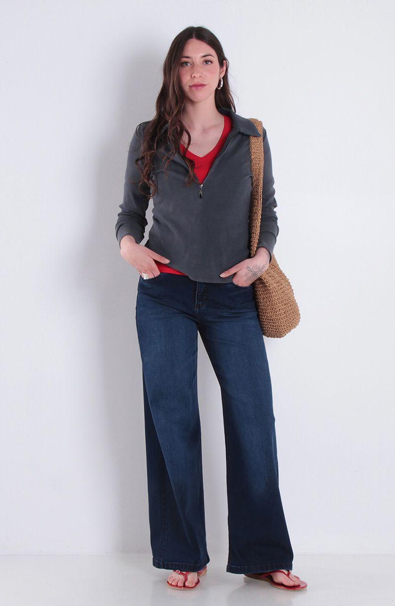 Jeans Wide Tiro Alto Pretina Basica Un Boton-3