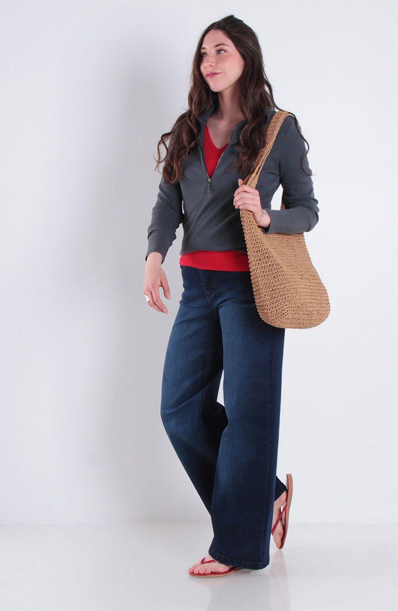 Jeans Wide Tiro Alto Pretina Basica Un Boton-8